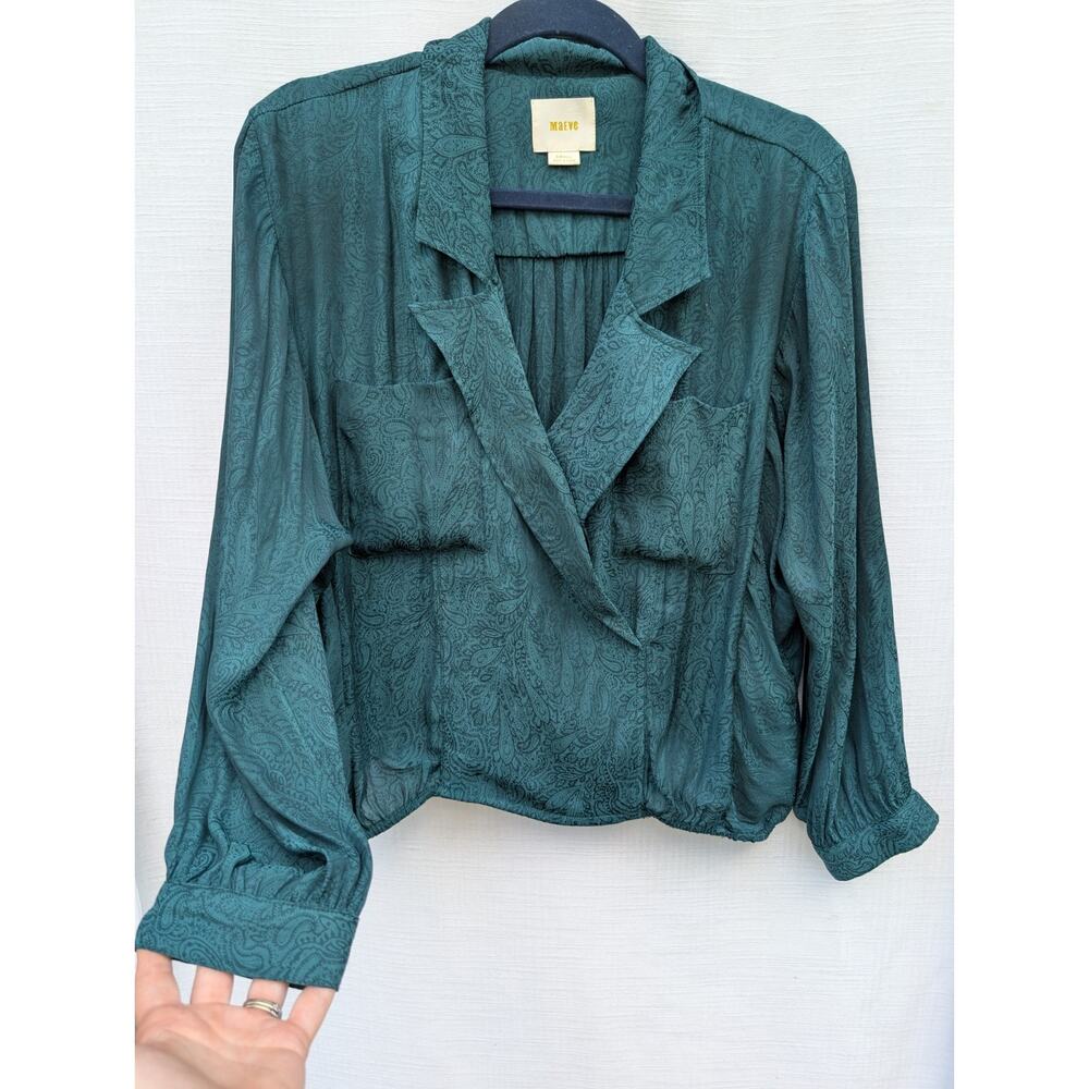 Anthropologie Meave Womens Almeria Green Paisley Blouse Sz S Faux Wrap‎ Emerald
